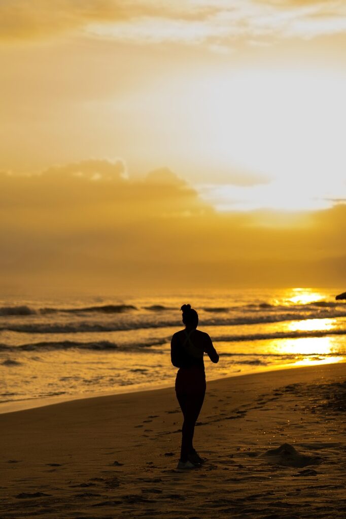 woman, beach, nature, sunrise, sunset, sea